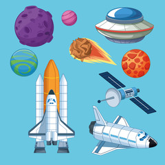 Spaceships planets and satellite icons