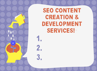 Word writing text Seo Content Creation And Development Services. Business concept for Search engine optimization Water Sprinkler Pouring Drops on Flower in Hu analysis Head Blank Speech Bubble