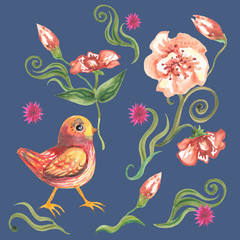 Birds with a flower in its beak. On a blue background pink flowers and leaves.