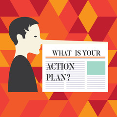 Writing note showing What Is Your Action Planquestion. Business photo showcasing Explain your steps for reach your goal Man with a Very Long Nose like Pinocchio a Blank Newspaper is attached