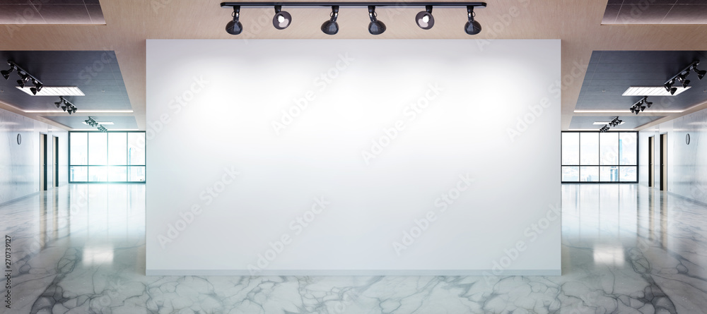 Poster blank wall in marble and wooden office mockup with large windows and sun passing through 3d renderin