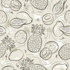 Beige Seamless Patterns with papaya, coconut and pineapple on grunge background. Ideal for printing onto fabric and paper or scrap booking, vector.