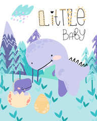 Cute childish hand drawing. Prehistoric period. Vector scandinavian illustration. Sketch of jurassic reptiles. Cartoon dinosaurs, eggs, mountains. Template baby banner, greeting card, invitation