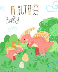 Cute childish hand drawing. Prehistoric period. Vector scandinavian illustration. Sketch of jurassic reptiles. Cartoon dinosaurs, eggs, trees. Template baby banner, greeting card, invitation