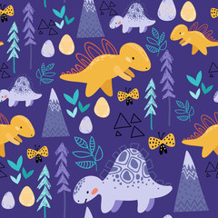 Cute seamless childish hand drawing pattern. Prehistoric period. Vector scandinavian illustration. Sketch of jurassic reptiles. Cartoon dinosaurs, trees, butterflies, flowers, mountains. 
