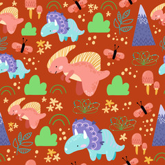 Cute seamless childish hand drawing pattern. Prehistoric period. Vector scandinavian illustration. Sketch of jurassic reptiles. Cartoon dinosaurs, bushes, butterflies, mushrooms, flowers, mountains. 