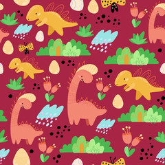 Obraz premium Cute seamless childish hand drawing pattern. Prehistoric period. Vector scandinavian illustration. Sketch of jurassic reptiles. Cartoon dinosaurs, bushes, eggs, flowers. Wrapping paper, textiles.
