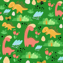 Cute seamless childish hand drawing pattern. Prehistoric period. Vector scandinavian illustration. Sketch of jurassic reptiles. Cartoon dinosaurs, bushes, eggs, flowers. Wrapping paper, textiles.