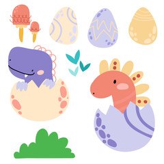Cute cartoon dinosaursflowers, mushrooms, bushes, eggs, plants, hand drawn set. Prehistoric animals. Isolated Scandinavian vector illustrations. For invitations, party, banners, baby shower, room deco