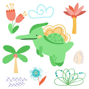 Cute cartoon dinosaurs, flowers, butterflies, tree, eggs, plants, hand drawn set. Prehistoric animals. Isolated Scandinavian vector illustrations. For invitations, party, banners, baby shower, room de