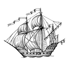 Old caravel, vintage sailboat. Hand drawn sketch. Detail of the old geographical or fanasy maps of...