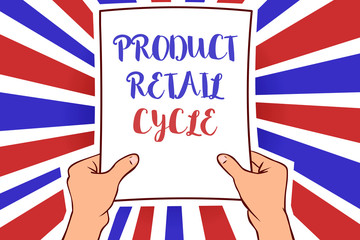 Conceptual hand writing showing Product Retail Cycle. Business photo showcasing as brand progresses through sequence of stages White paper handwritten lines text blue red waves pattern