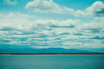 Blue landscape, summer river.