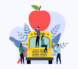 Big red apple on the school bus, education vector illustration