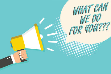 Word writing text What Can We Do For You question question question. Business concept for how may I help assist Man holding megaphone loudspeaker speech bubble blue background halftone