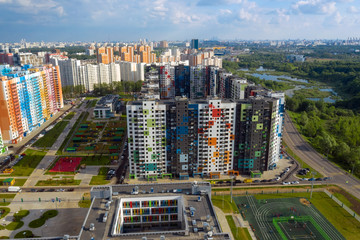 MOSCOW, RUSSIA - MAY 26, 2019: Top view of the new colorful residential area of Moscow on a summer evening