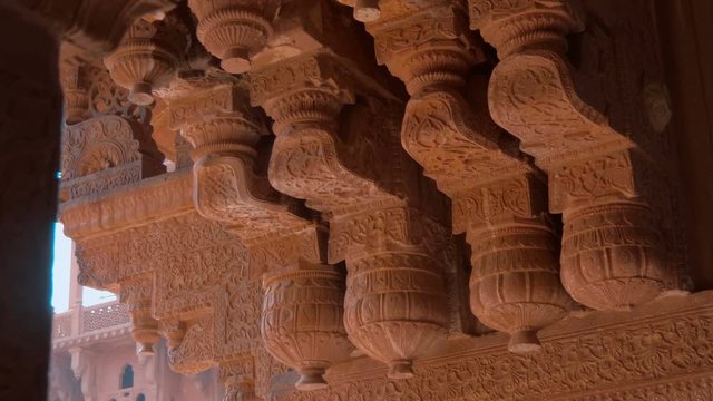 Amazing architectural details of Agra Red Fort, famous national landmark in Agra, India. Shot in motion