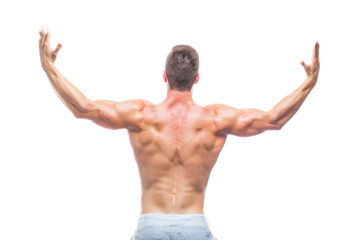 Powerful back. Strong Athletic Man - Fitness Model showing his perfect body isolated on white background with copyspace. Bodybuilder man with perfect abs, shoulders,biceps, triceps and chest.