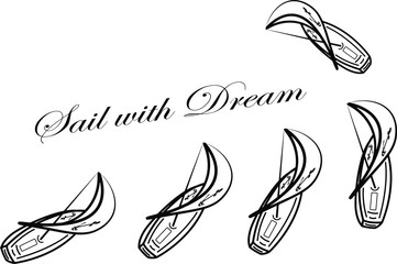 Obraz premium Digitally drawn illustration (in vector) of the five yacht's silhouettes with anchors on the sail and on the surface of the yachts made in black and white colours 