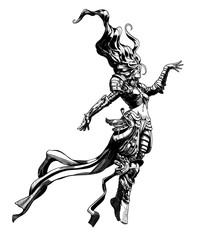 A woman sorcerer in the armor levitates on a white background