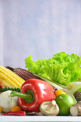 Organic vegetables on white wooden background, Healthy food.