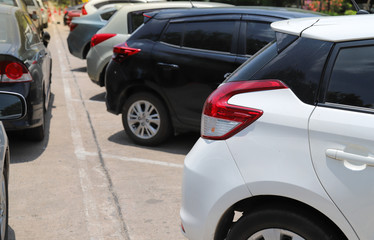 Closeup of rear, back side of white car with  other cars parking in outdoor parking lot beside the street.