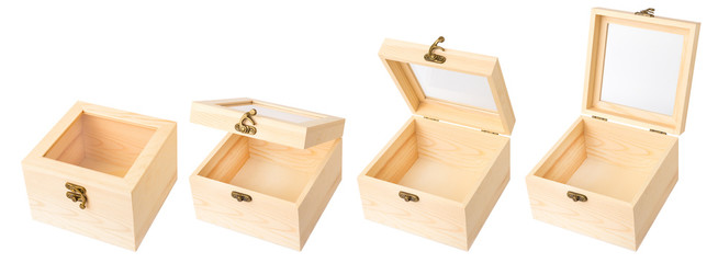 Set of wooden box or casket with a transparent glass window and a copper lock on the lid isolated on white background. Convenient packaging for storing small items. Different views. - Powered by Adobe