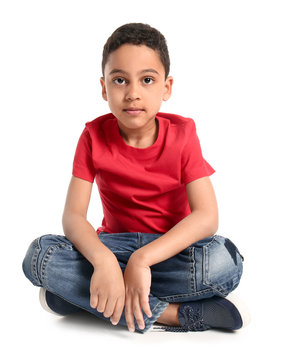 Portrait Of Cute Little Boy On White Background