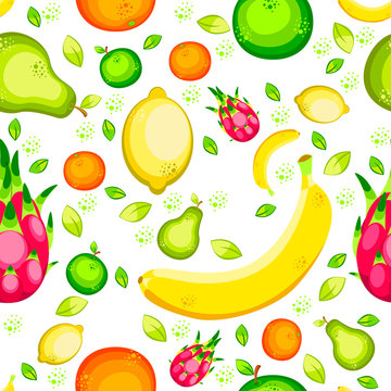 Fruits do yoga. Seamless pattern. Banana, lemon, orange, apple, pear, pitahaya