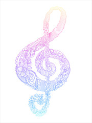 Hand drawn doodle. Colored treble clef . Vector illustration. EPS 10