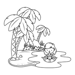 summer and kids cartoon in black and white