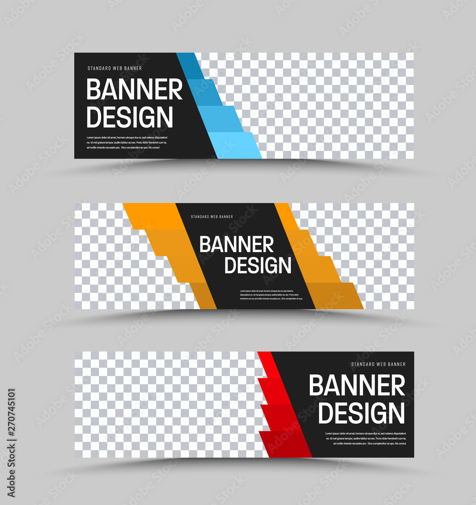 Poster Design of black horizontal vector web banners with stepped rectangular shapes and space for photos.