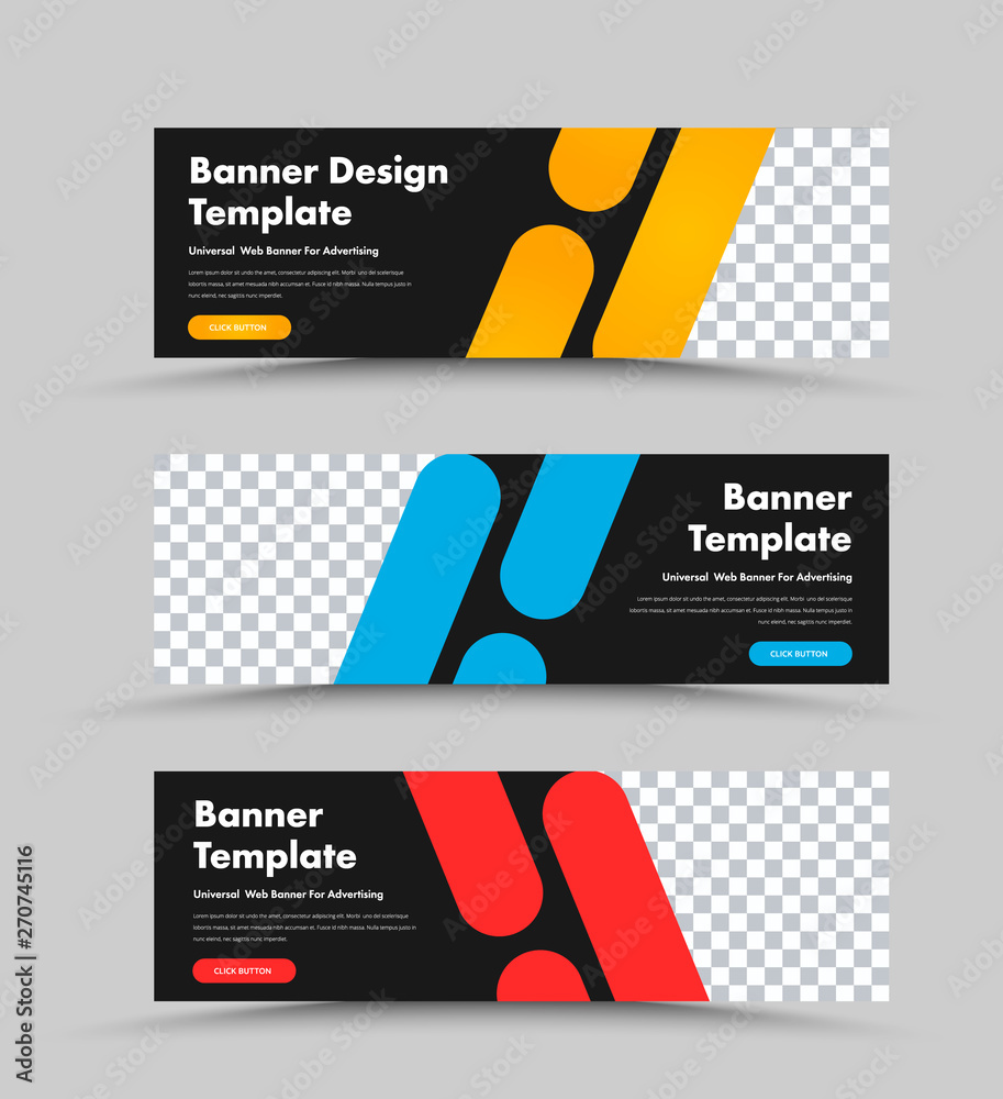 Poster Vector black horizontal web banners design with place for photo and color rectangles with rounded corners.