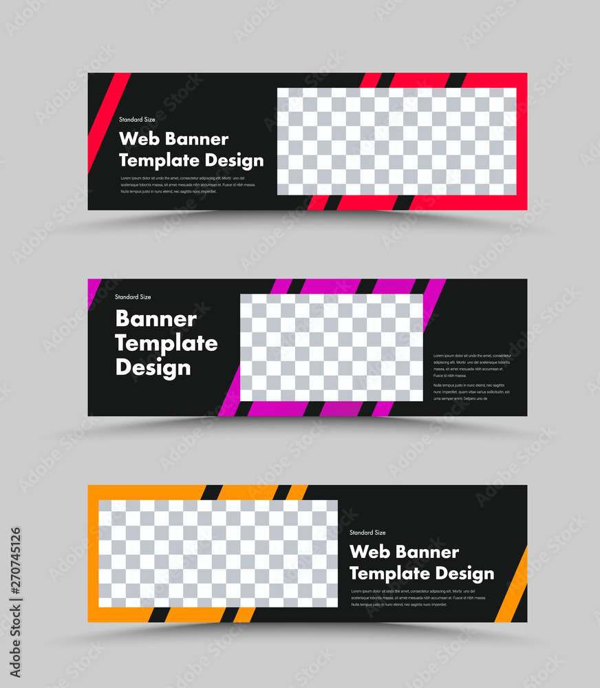 Poster set of templates vector black banners with colored diagonal lines on the background and a rectangle for the photo.