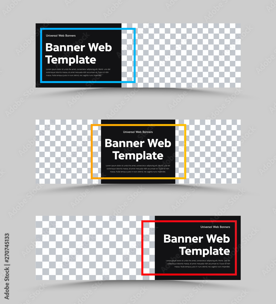 Poster Templates of vector black web banners of standard size with a place for a photo and a color frame for text.