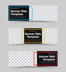 Templates of vector black web banners of standard size with a place for a photo and a color frame for text.