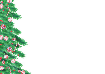 Christmas candies with pine leaves watercolor hand painting for decoration on Christmas holiday festival.