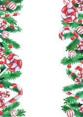 Christmas candies with pine leaves watercolor hand painting for decoration on Christmas holiday festival.