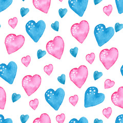 Illustration of watercolor seamless pattern of blue and pink hearts with white droplets on a white background