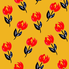 Illustration of watercolor seamless pattern of red poppy flowers with a stem of indigo leaves on a yellow brown ocher background. for design, cards, fabric, paper