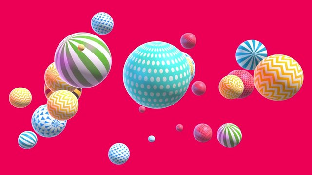 Abstract colorful background with flying or floating simple geometric forms. Multicolored decorative loopable 3d animation. Bright modern composition.