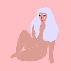Body positive. Pretty plus size woman on pink backgroung. Flat vector illustration.