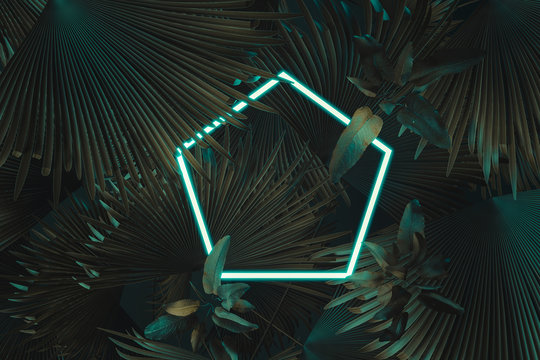3d rendering of white hexagon neon light with tropical leaves.. Flat lay of minimal nature style concept - Powered by Adobe