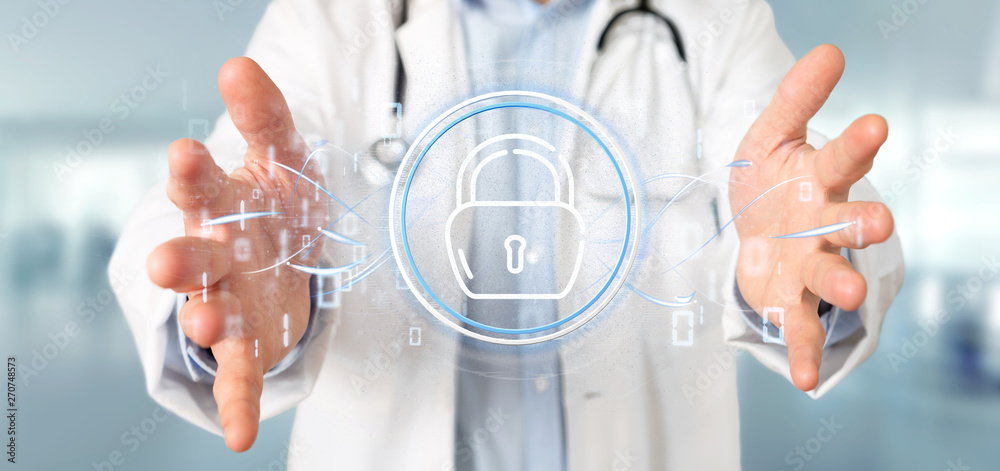 Poster doctor holding security padlock wheel icon with stats and binary code 3d rendering