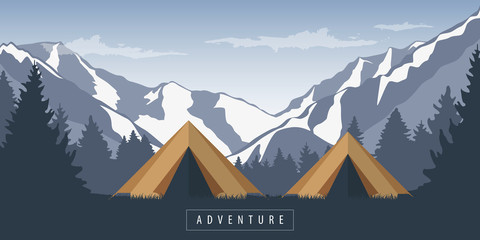 camping adventure in the wilderness in the forest at snowy mountain landscape vector illustration EPS10