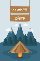 summer camp tent with snowy mountains and forest view vector illustration EPS10