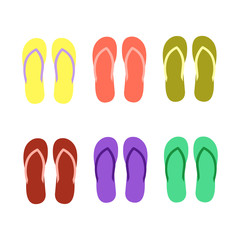 Set with cute and colorful summer flip flops for beach holiday. String of unisex flip flops for comfortable walking on beach and pool. Isolated illustration on white background