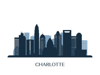 Charlotte skyline, monochrome silhouette. Vector illustration. - obrazy, fototapety, plakaty