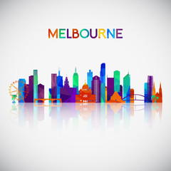 Obraz premium Sylwetka panoramę Melbourne w kolorowym stylu geometrycznym. Symbol Twojego projektu. Ilustracji wektorowych.