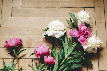 Beautiful pink and white peonies on rustic wooden floor , flat lay. Floral decor and arrangement. Gathering flowers. Rural still life, countryside flowers